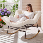 ONBRILL Outdoor Papasan Rocking Chair, Oversized Rocking Chair with Thick Cushion, 450 Lbs Heavy Duty Patio Rocking Egg Chair, Natural Wood Color Metal Rocker Chair for Balcony Porch, Cream White