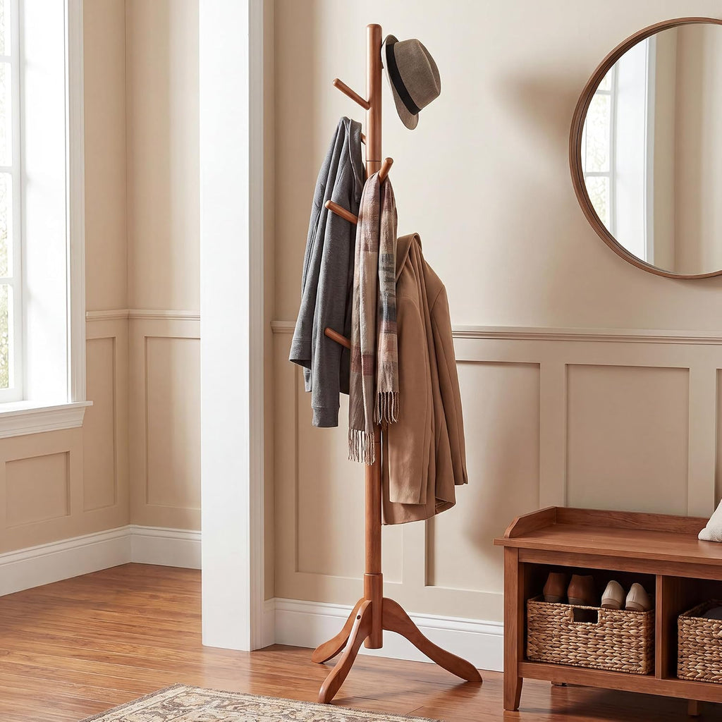 SONGMICS HOME Freestanding Coat Rack, Solid Wood, 8 Hooks, for Living Room, Bedroom, Home Office, 20.4 x 17.7 x 68.9 Inches, Dark Walnut
