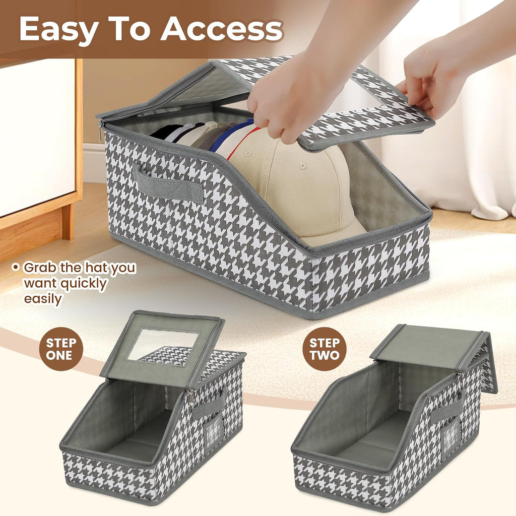 2 PCS Stackable Hat Storage for Baseball Caps, Large Hat Organizer with transparent window, Holds up to 30 Caps Hat Organizer (Gray and white)
