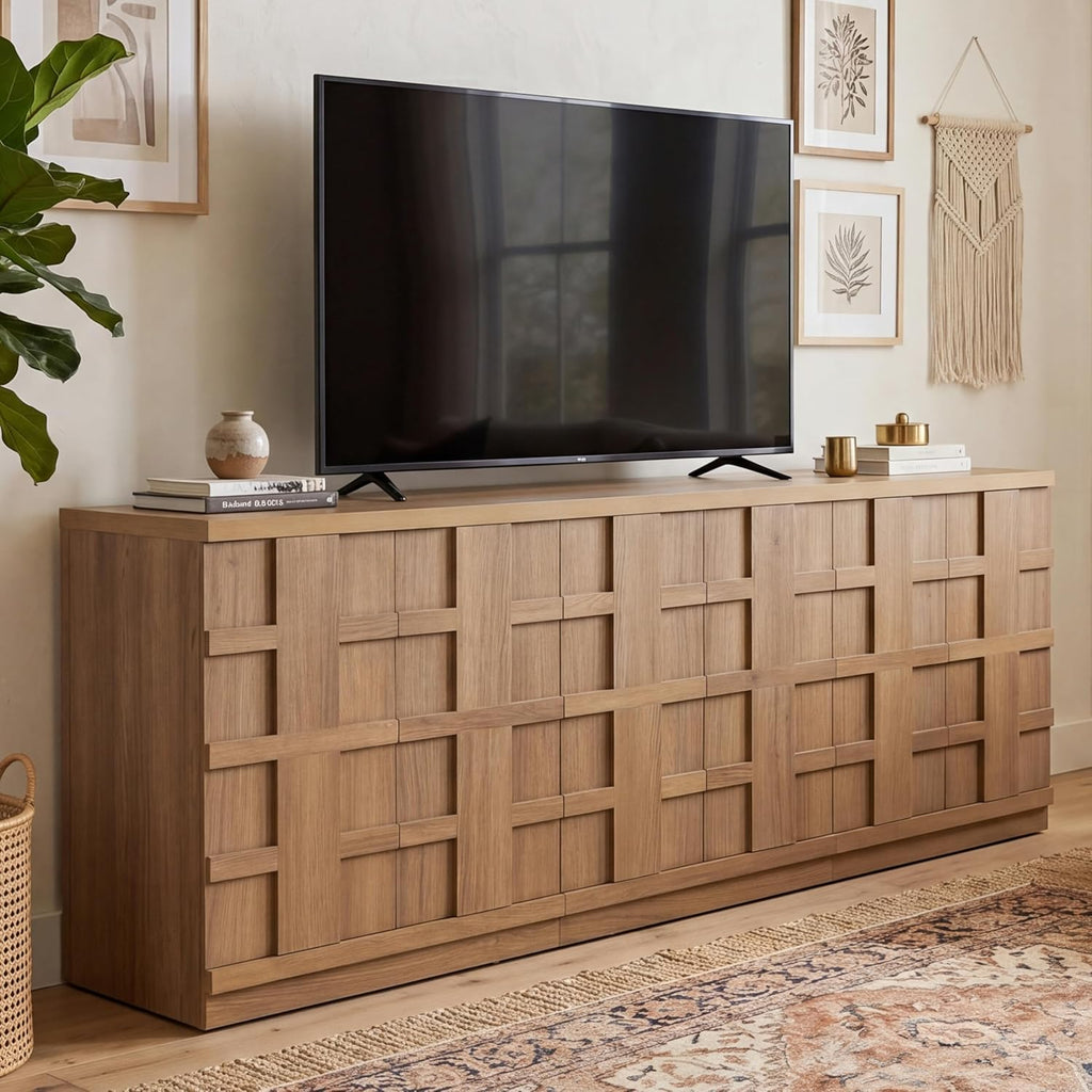 VividVibe Buffet Cabinet Sideboard with Storage, 93.9”Large 3D Woven Texture Credenza with 6 Pop-up Doors, Long Coffee Bar Cabinet Mid Century Modern for Entryway Living Room Brown Oak