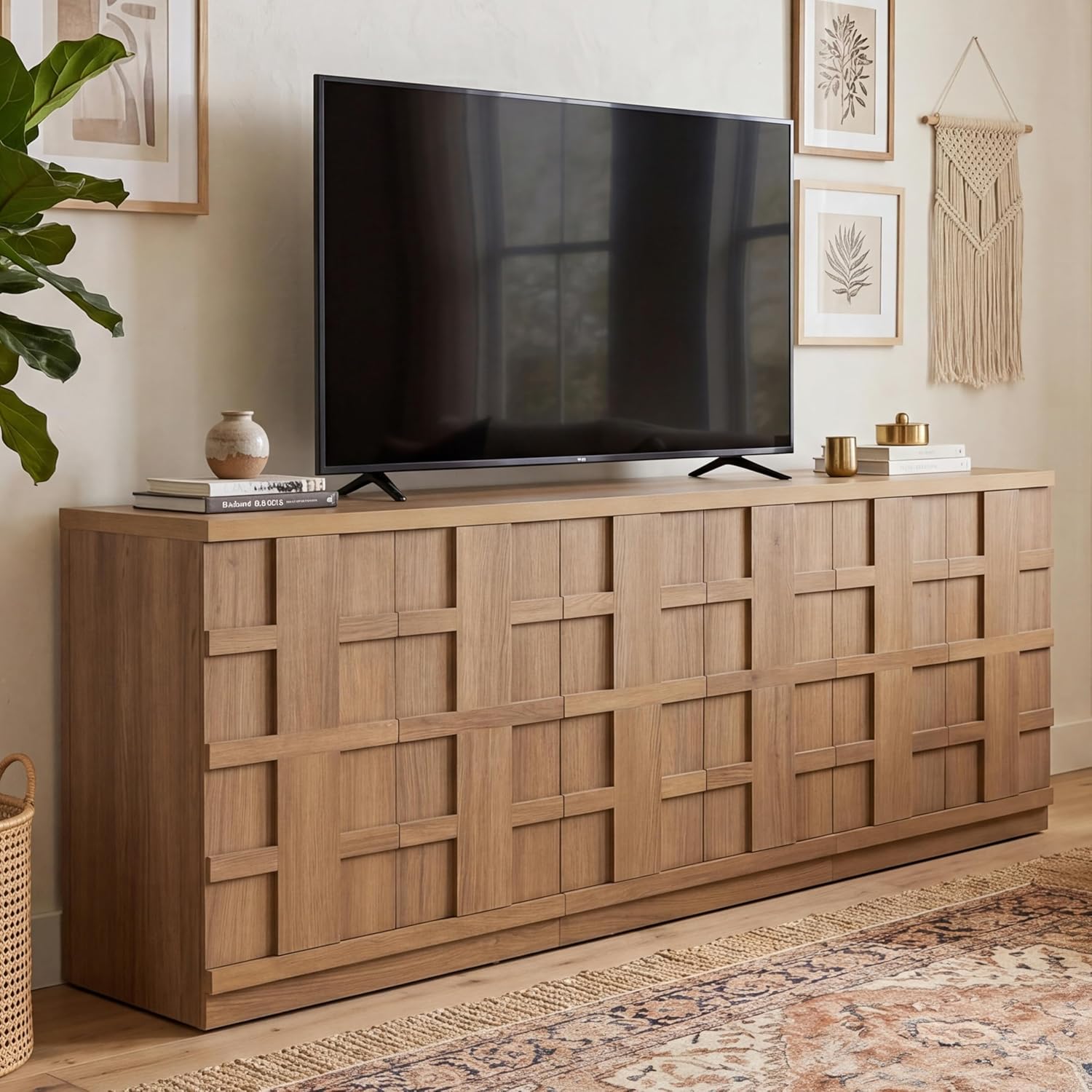 VividVibe Buffet Cabinet Sideboard with Storage, 93.9”Large 3D Woven Texture Credenza with 6 Pop-up Doors, Long Coffee Bar Cabinet Mid Century Modern for Entryway Living Room Brown Oak