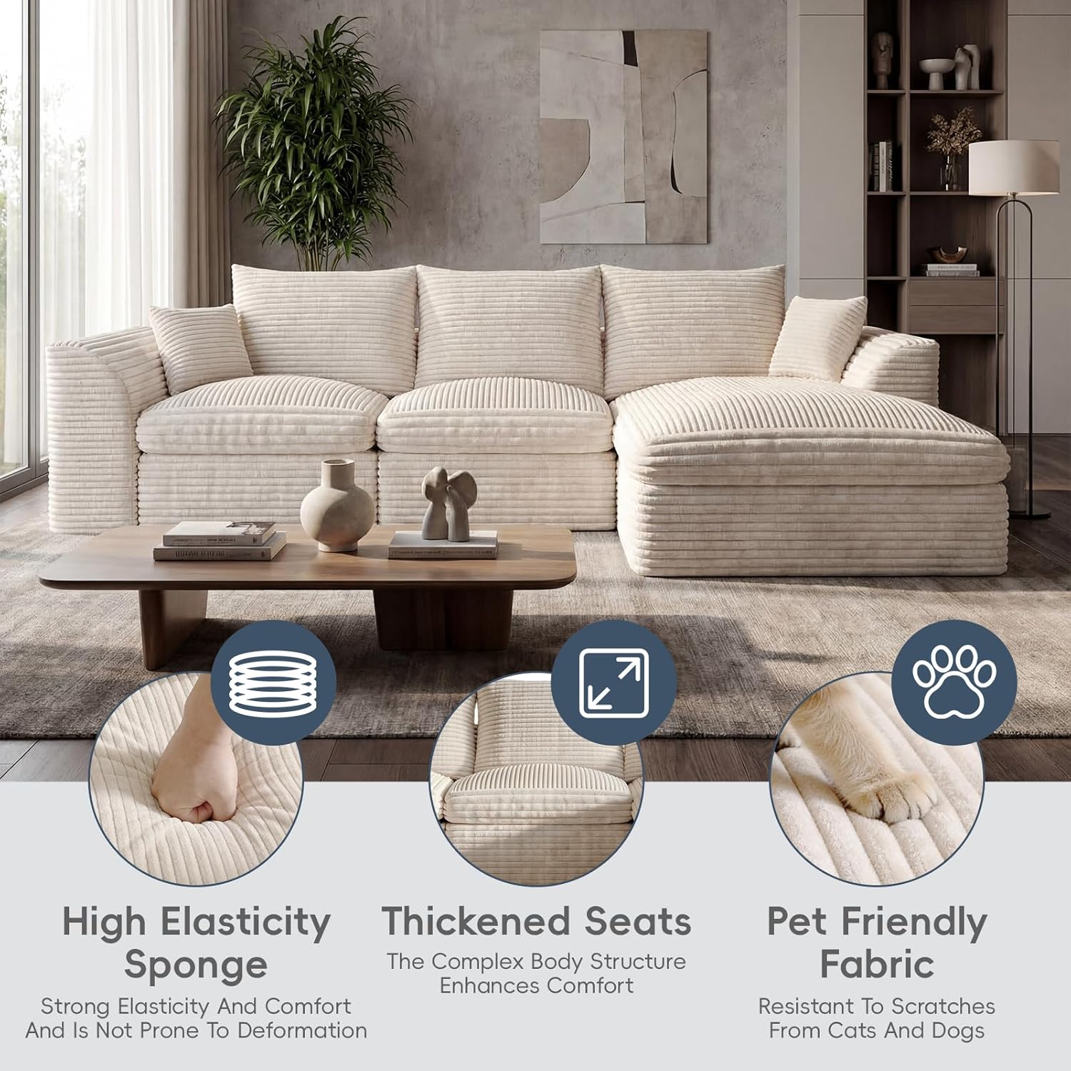 106" Modular Cloud Sofa L-Shaped, Boneless Deep Seat Sectional with High-Density Foam, Washable Corduroy Fabric, No Assembly Required for Living Room Apartment, Beige