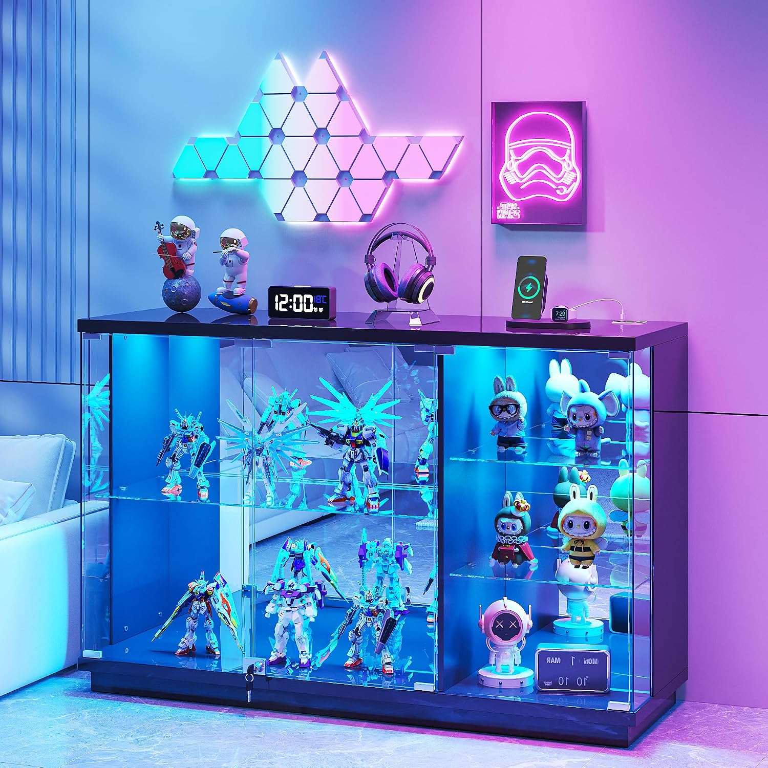 High Gloss Glass Display Cabinet with Lock & LED Light for Toys, Black | Curio Cabinet with Human Body Sensor & Glass Shelves, Display Case for Toys, Books, Collectibles, Sideboard for Living Room