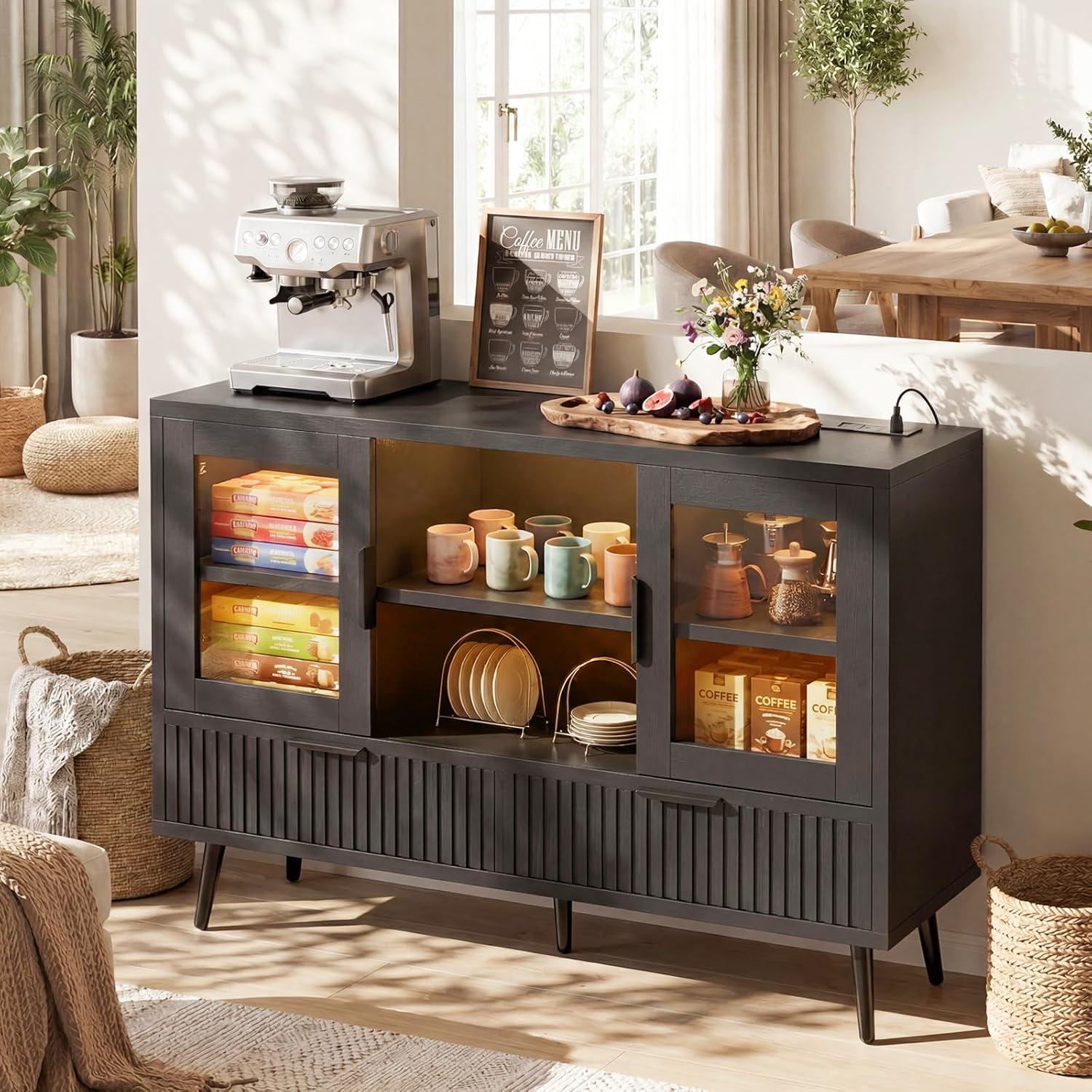 44" Sideboard Buffet Cabinet with Storage, Smart LED Lights Coffee Bar Cabinet with 8 Drawers & Adjustable Shelves, Modern Kitchen Storage Credenza Console Table for Living Room, Black