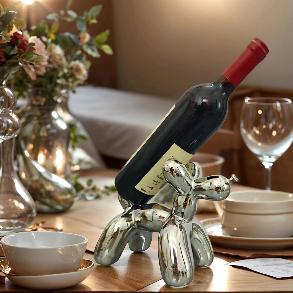 Creative Balloon Dog Wine Bottle Holder Doubles as Standalone Statue Decor and Bookend for Dog Lovers,Modern Decoration for Kitchen,Living Room,and Bar,Ceramic,Metallic Chrome Silver