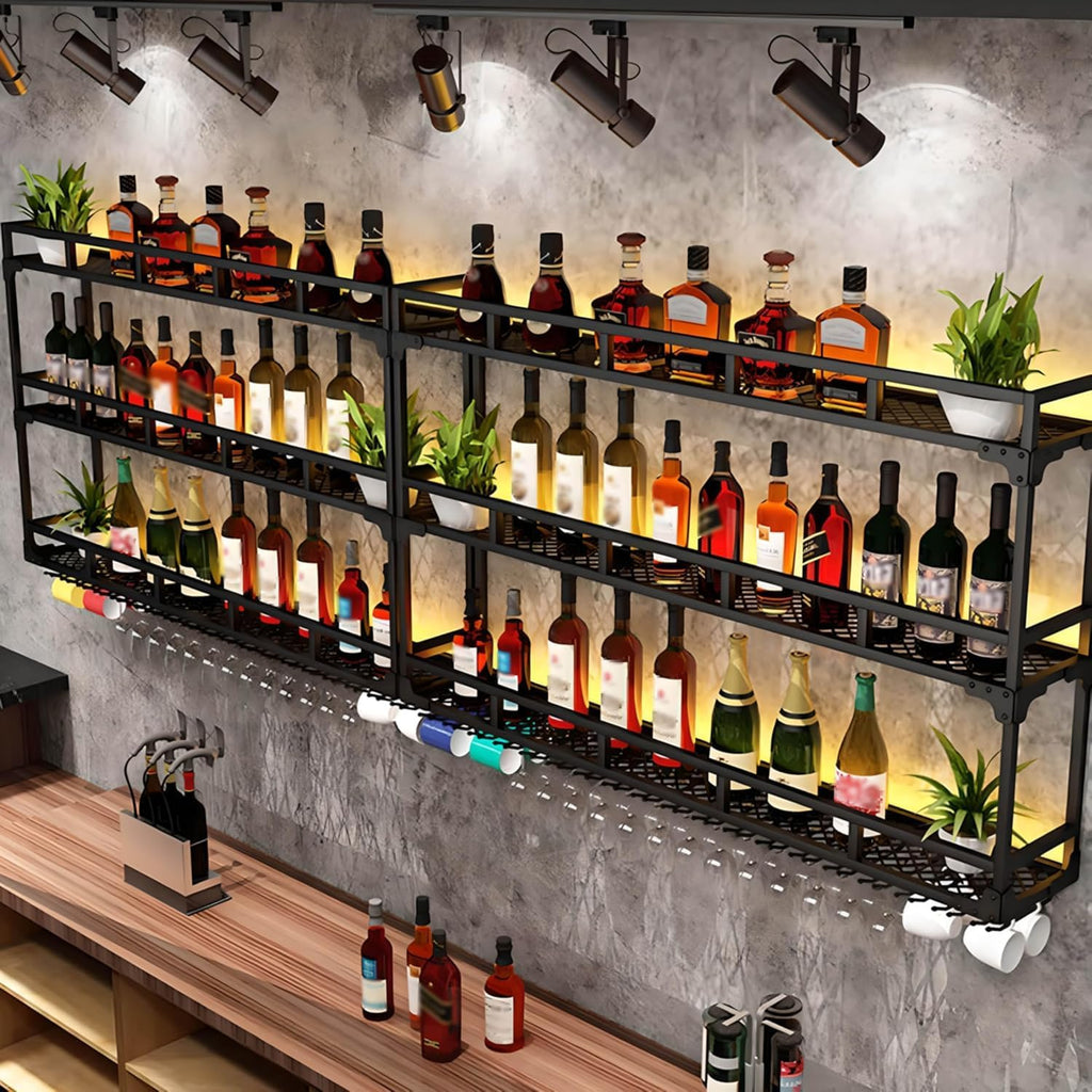 Wall Mounted Wine Rack, Floating Industrial Liquor Glass Holder 3 Tiers, Large Metal Wine Bottle Display Rack Hanging Shelf, for Home Bar Dining Room Decorative (Black, 70.86x35.43x9.84in)