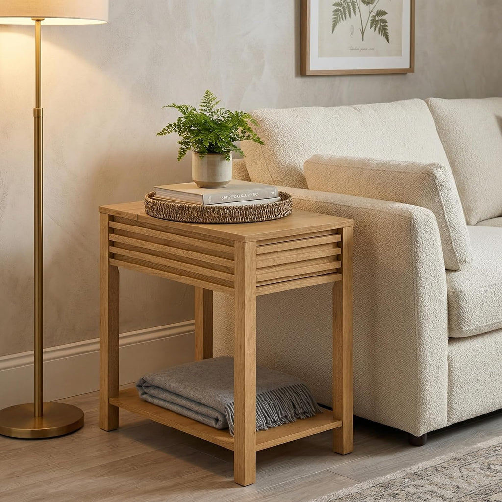 Martin Svensson Home Julian Genuine Oak Chairside Table, 27 Inch, Mid Century Modern End Table with Charging Station, USB & USB-C, Drawer, Lower Shelf, Adjustable Leveling Feet, Light Oak Natural