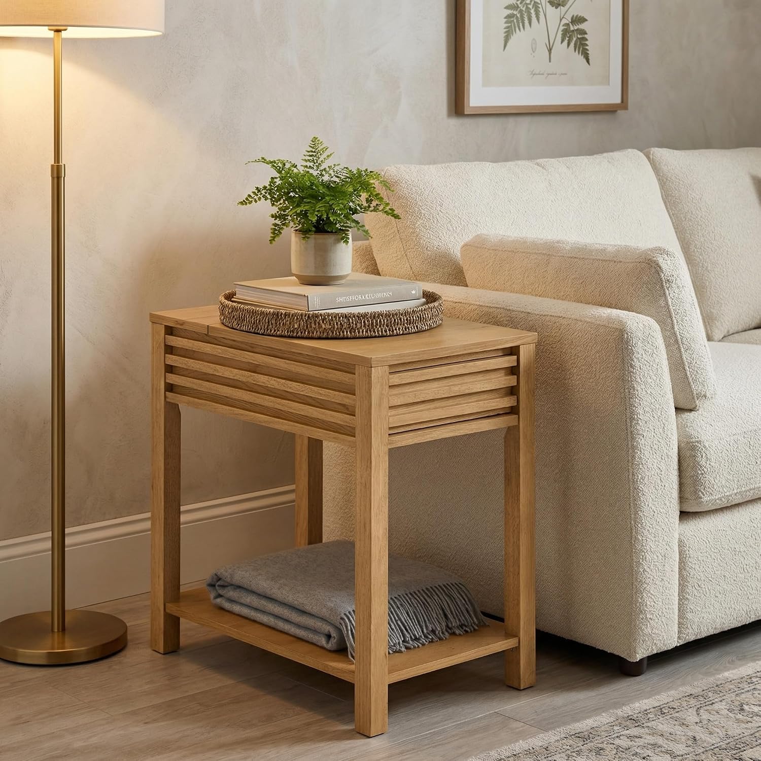 Martin Svensson Home Julian Genuine Oak Chairside Table, 27 Inch, Mid Century Modern End Table with Charging Station, USB & USB-C, Drawer, Lower Shelf, Adjustable Leveling Feet, Light Oak Natural