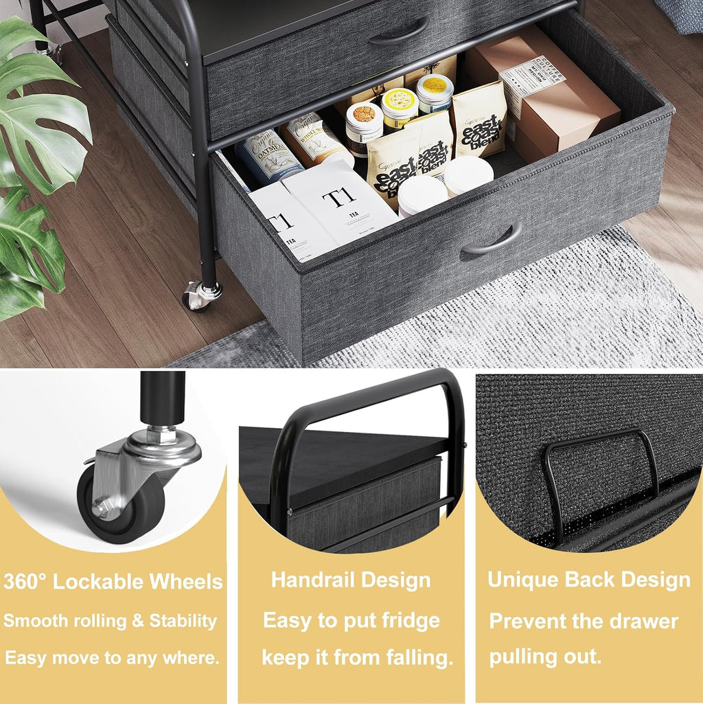 Mini Fridge Stand, 120LBS Mini Fridge Table, 2 Drawer Fridge Cart, Mini Fridge Stand with Storage, Metal Frame Iron Top, 4 Swivel Wheels for Home Kitchen, Black
