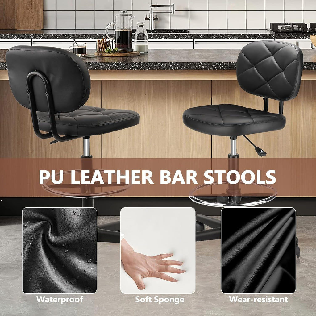 KLASIKA PU Leather Rolling Bar Stool with Wheels and Back, Tall Drafting Stool with Adjustable Height and Footrest, Multi-Purpose Office Desk Chair for Home Kitchen Shop Work, Black (1PK)