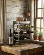 9 Bottles Wine Racks Countertop Freestanding with Top Tray, Modern Black Metal &Wood, 3 Tier Tabletop Wine Holder Stand for Home Kitchen Bar, Cabinet, Pantry, Wine Bottle Storage