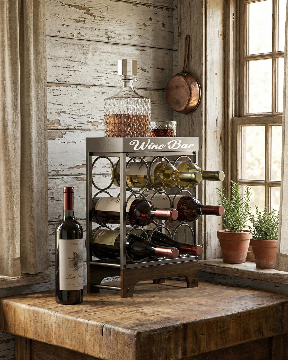 9 Bottles Wine Racks Countertop Freestanding with Top Tray, Modern Black Metal &Wood, 3 Tier Tabletop Wine Holder Stand for Home Kitchen Bar, Cabinet, Pantry, Wine Bottle Storage