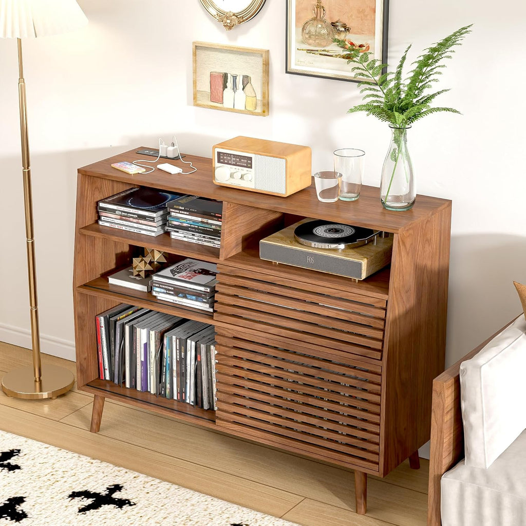 Mid Century Record Player Stand, Large Vinyl Turntable Console with Doors, Charging Station, 451 Albums Capacity Media Storage Shelf, Entertainment Center for Living Room, Bedroom, Walnut