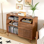 Mid Century Record Player Stand, Large Vinyl Turntable Console with Doors, Charging Station, 451 Albums Capacity Media Storage Shelf, Entertainment Center for Living Room, Bedroom, Walnut