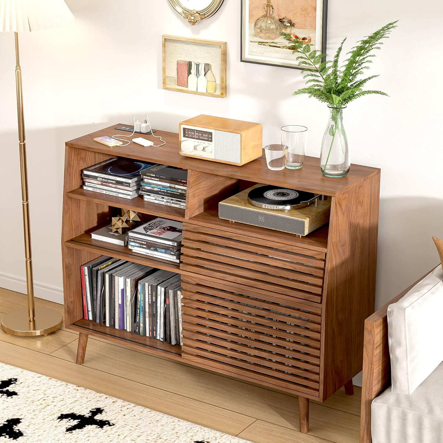 Mid Century Record Player Stand, Large Vinyl Turntable Console with Doors, Charging Station, 451 Albums Capacity Media Storage Shelf, Entertainment Center for Living Room, Bedroom, Walnut