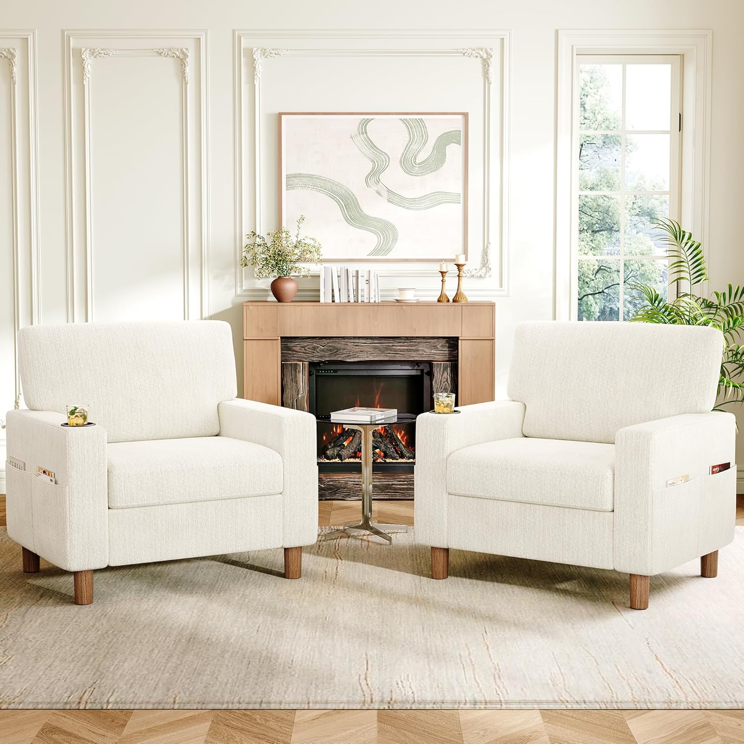 Mid Century Modern Accent Chairs Set of 2, Chenille Comfy Living Room Arm Chairs with Cup Holder, Cozy Single Sofa Reading Nook Chair for Bedroom, Easy Assembly Required, Off White