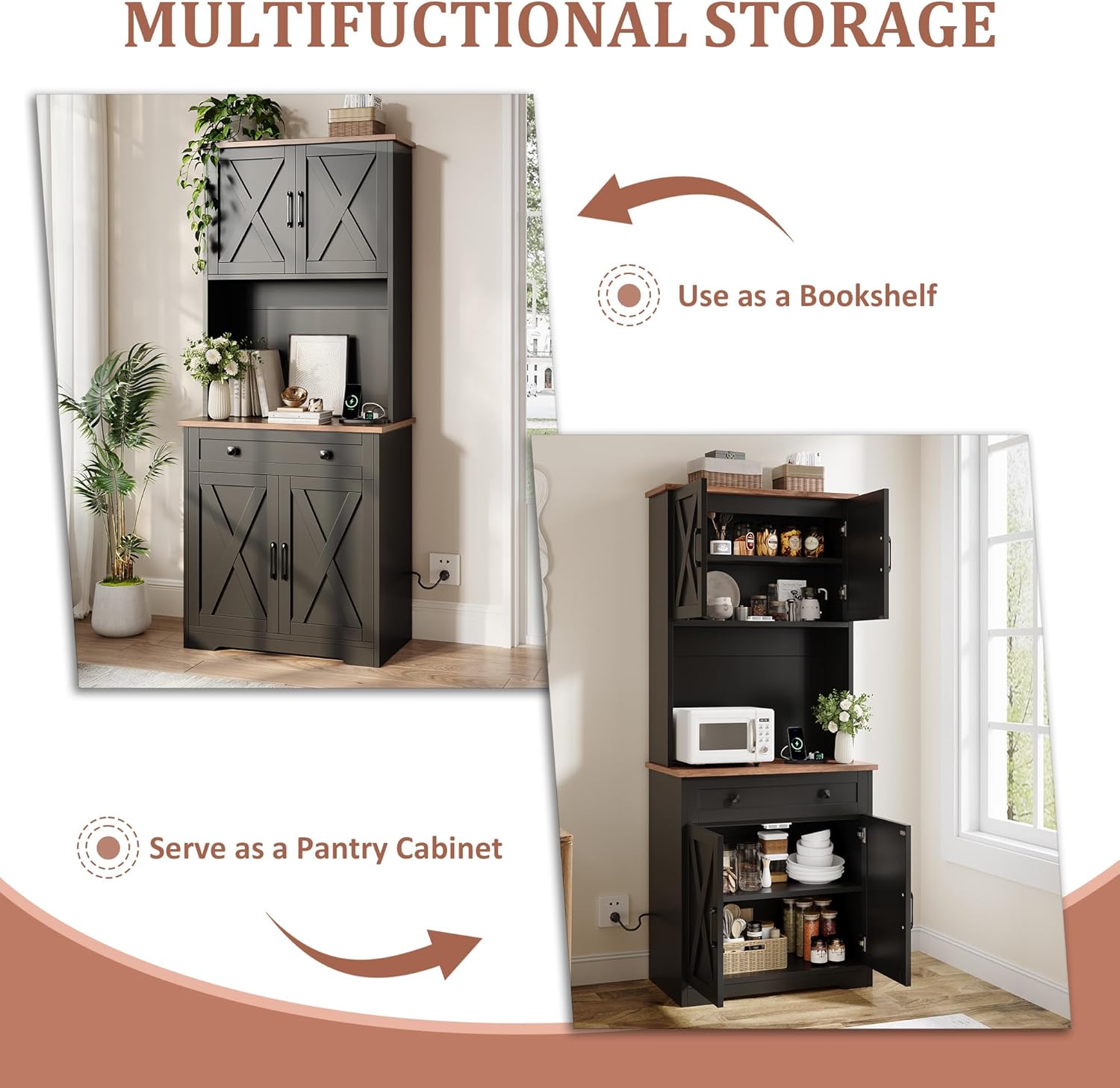 IDEALHOUSE 71" Pantry Cabinet with Charging Station, Tall Kitchen Pantry Storage Cabinet with Microwave Stand, Large Farmhouse Kitchen Hutch with Cabinet Doors & Drawer for Living Room, Dining Room