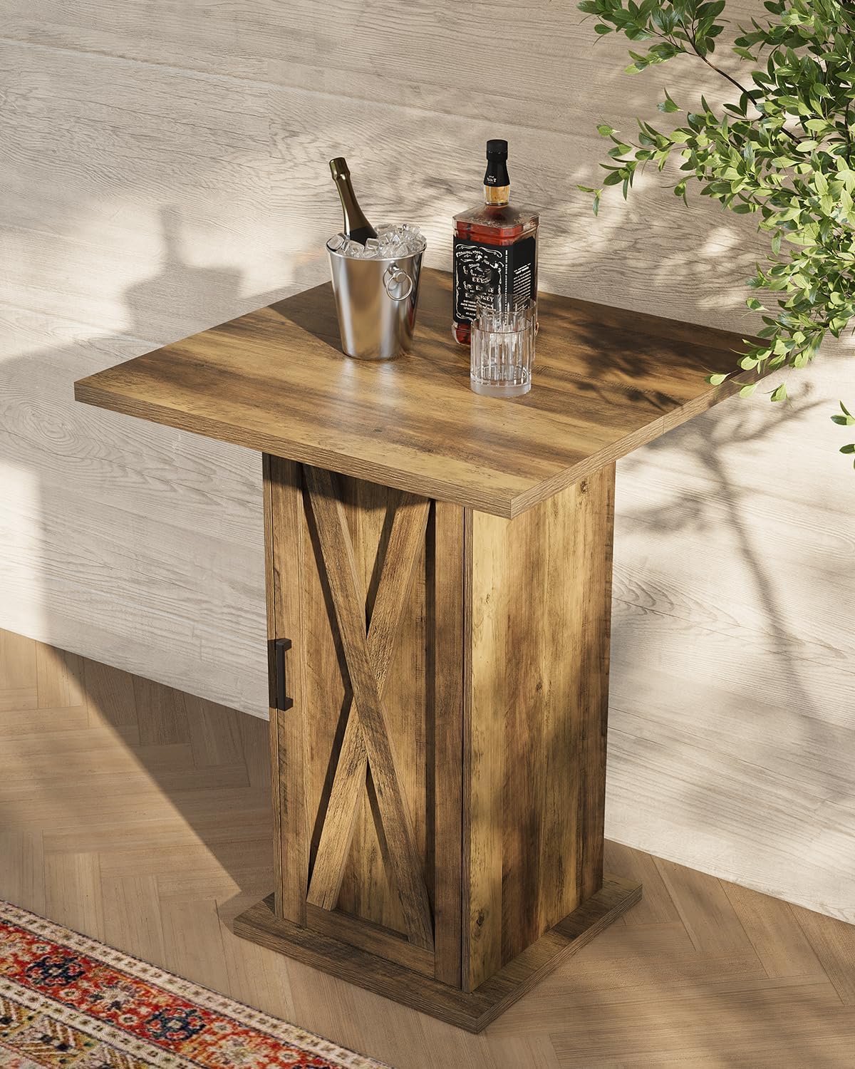 LITTLE TREE Bar Table with Storage Cabinet, 39.4" H Square High Top Pub Table, Wood Bistro Cocktail Table, Farmhouse Design with 3-Tier Cabinet for Pub, Bistro, Bar, Coffee, Dining Rustic Brown