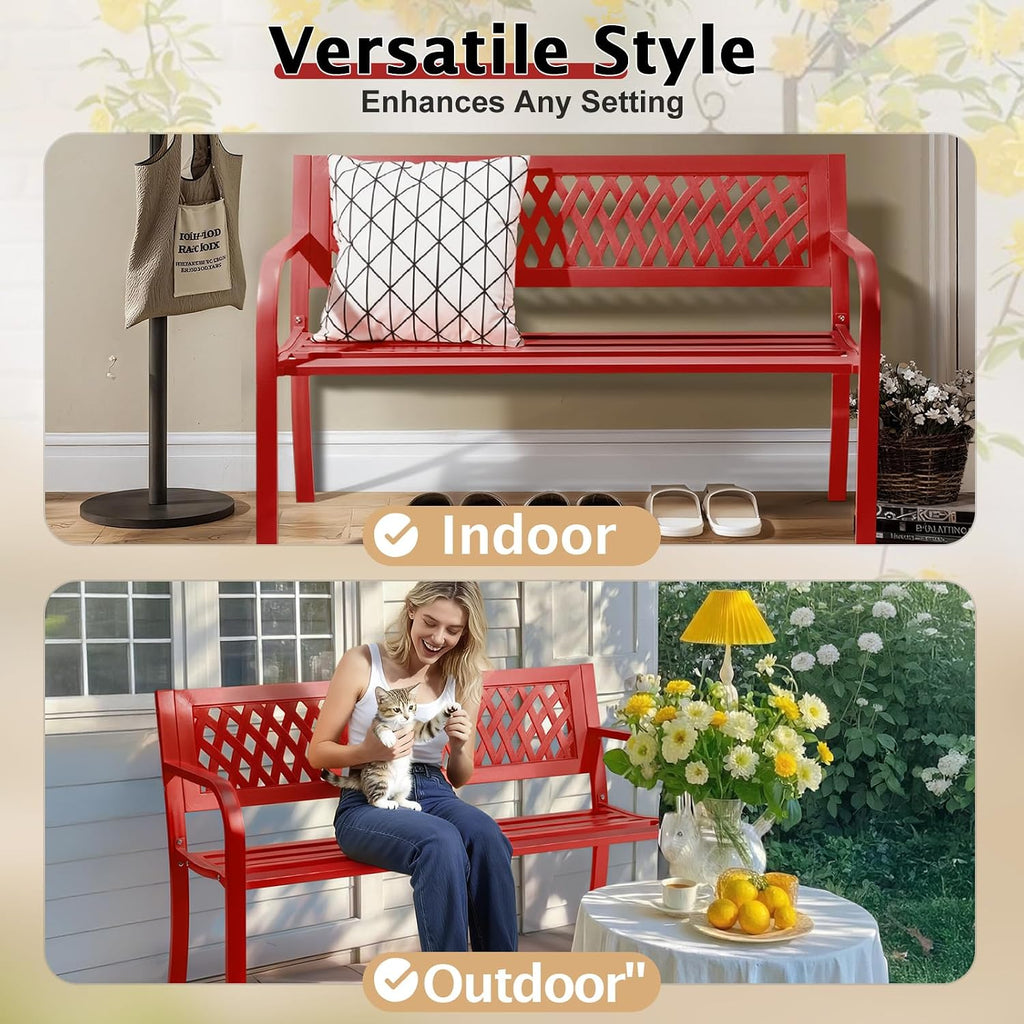 VINGLI 47'' Outdoor Bench, Weather Resistant Garden Patio Bench Powder Coated Iron Frame w/PVC Mesh Backrest Slatted Seat, 2-Person Outdoor Furniture for Front Porch Entryway Park (Red)