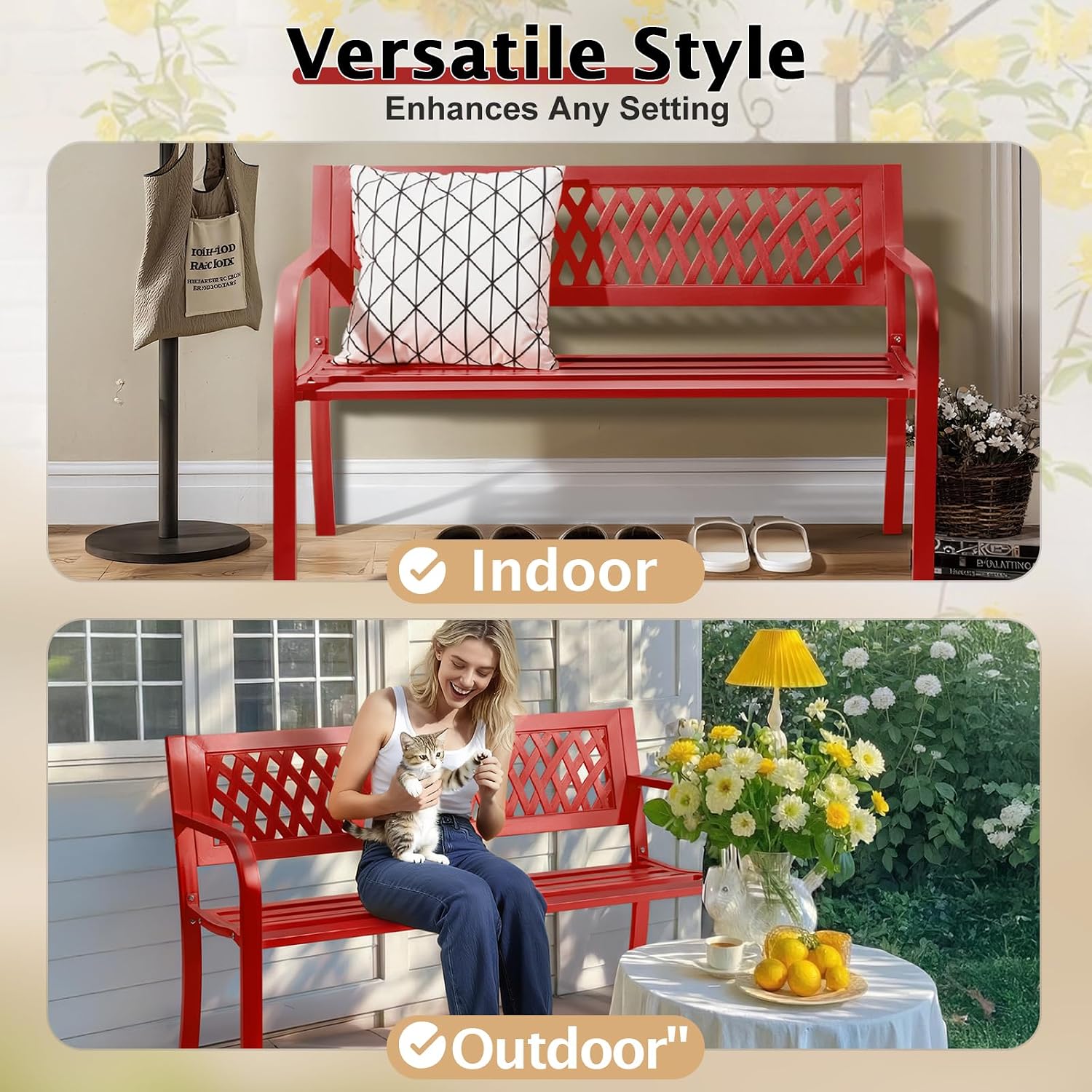 VINGLI 47'' Outdoor Bench, Weather Resistant Garden Patio Bench Powder Coated Iron Frame w/PVC Mesh Backrest Slatted Seat, 2-Person Outdoor Furniture for Front Porch Entryway Park (Red)