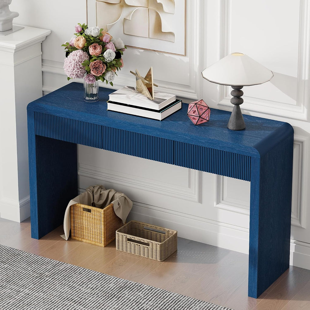 Knocbel Console Table with 3 Fluted Drawers, Rustic Sofa Tables with Solid Wood Veneer & Wood Grain for Entryway Hallway Living Room, 55.1" W x 15.8" D x 29.8" H, Navy