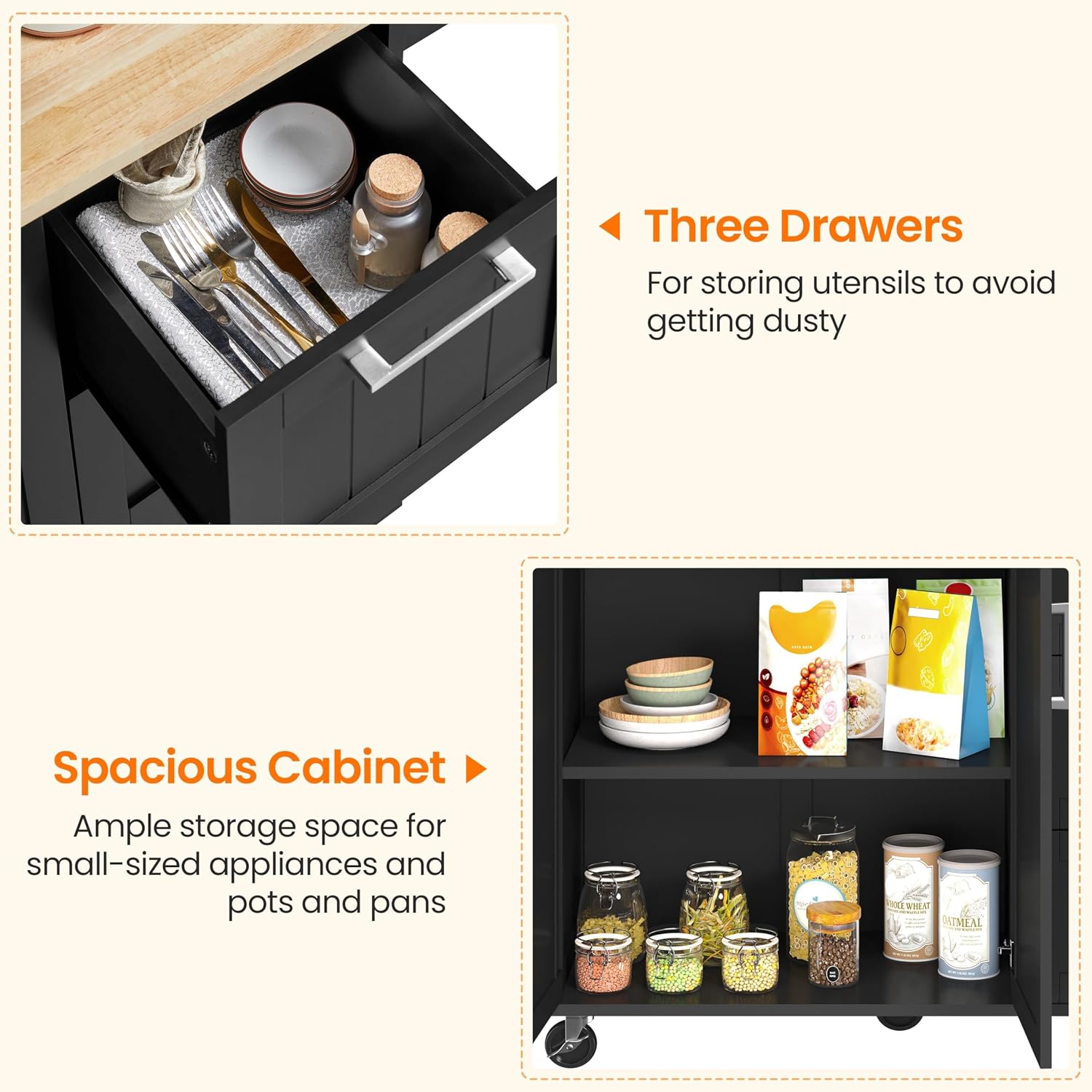 Yaheetech Kitchen Island Cart with Drop Leaf, Kitchen Breakfast Bar on 5 Universal Wheels with Storage Cabinet, Rubberwood Top, 3 Drawers, Spice Rack for Dining Room, 49W x 29.5D x 36H, Black