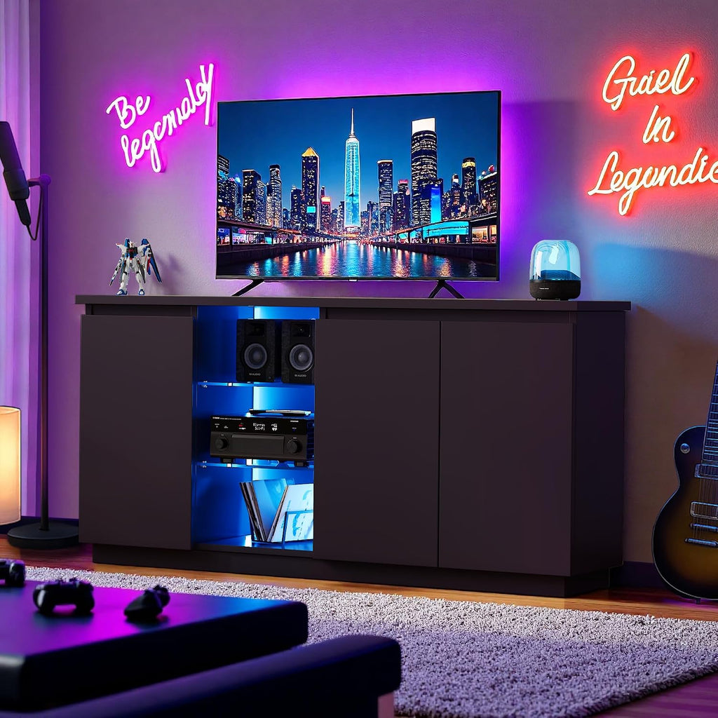 iPormis Sideboard Buffet Cabinet with Storage & LED Lights, Modern Credenza Sideboard With Doors and Adjustable Shelves, 60" Coffee Bar Table Storage Cabinet for Dining Room Kitchen Living Room, Black