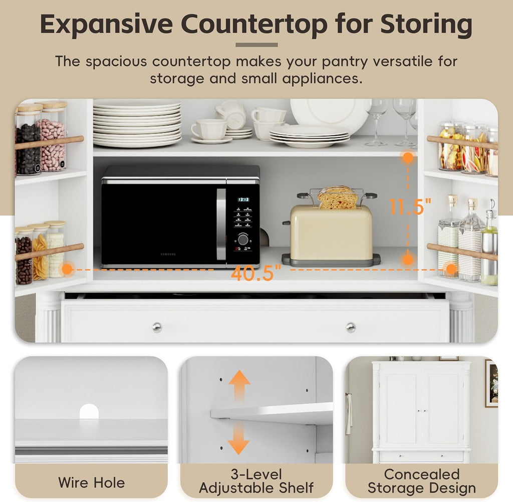 Freestanding Large Kitchen Pantry Cabinet 43.3" Wide, 77.3" Tall Farmhouse Storage Cupboard with 5 Drawers, 6 Door Shelves & Adjustable Shelves for Kitchen Dining Room Organization(White)