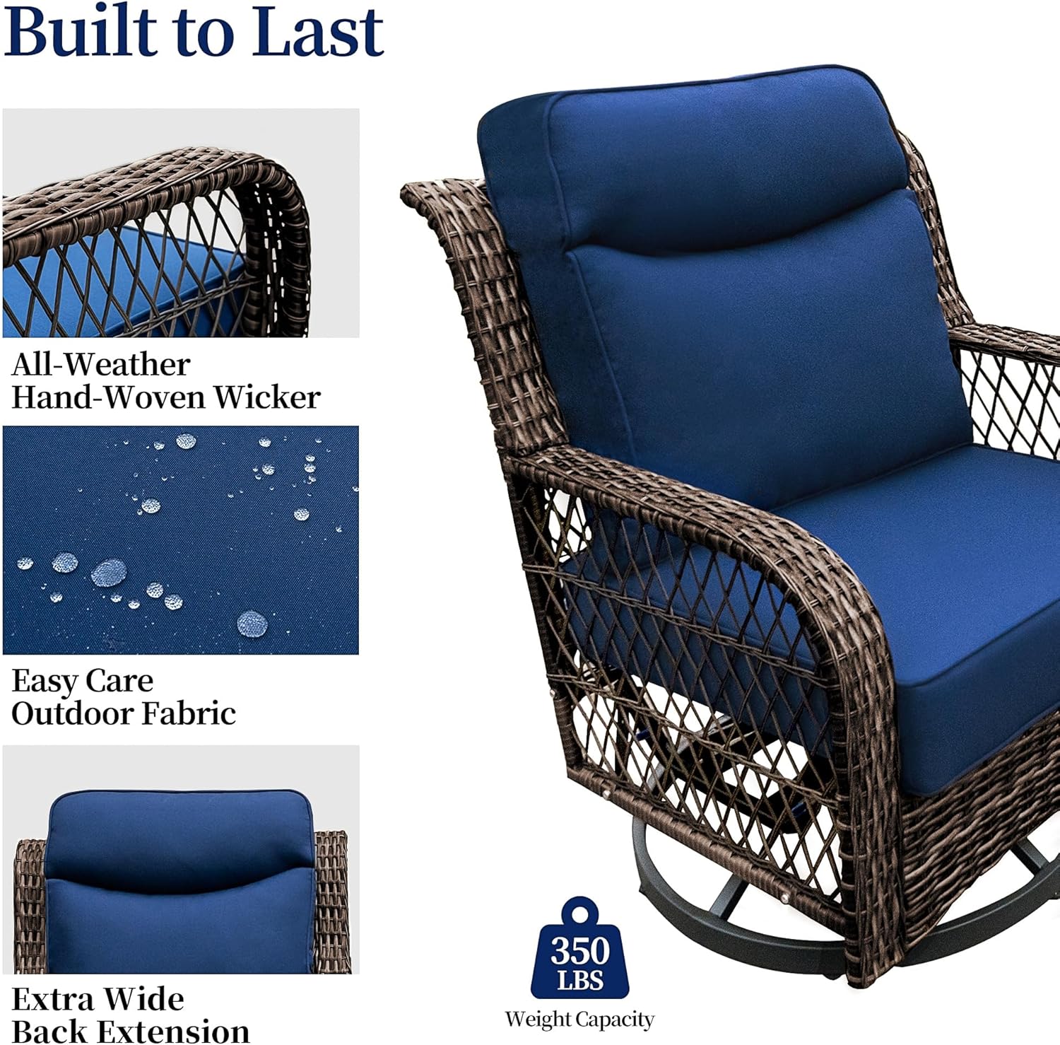 PIZZELLO Outdoor Swivel Rocker Chairs 3 Pieces Wicker Swivel Patio Chair with Rattan Side Table, 5" Extra Thick Cushions and 25" Full Support Back, Patio Furniture Set for Outside Porch Deck