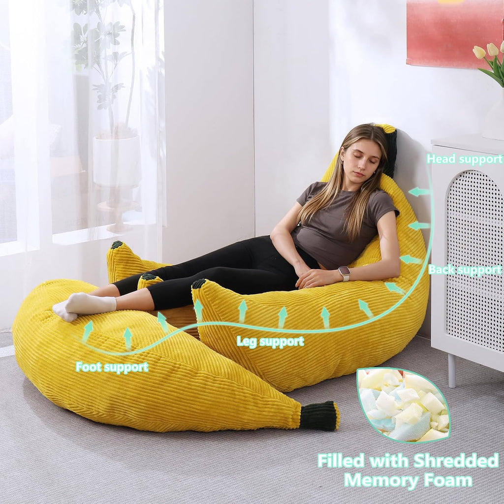 Banana Chaise Lounge Sofa Chair for Living Room, Bean Bag Chair with Ottoman, Floor Sofa Bed with Footrest, Comfy Convertible Lounger, Plush Couch for Bedroom, Dorm (Yellow, King)