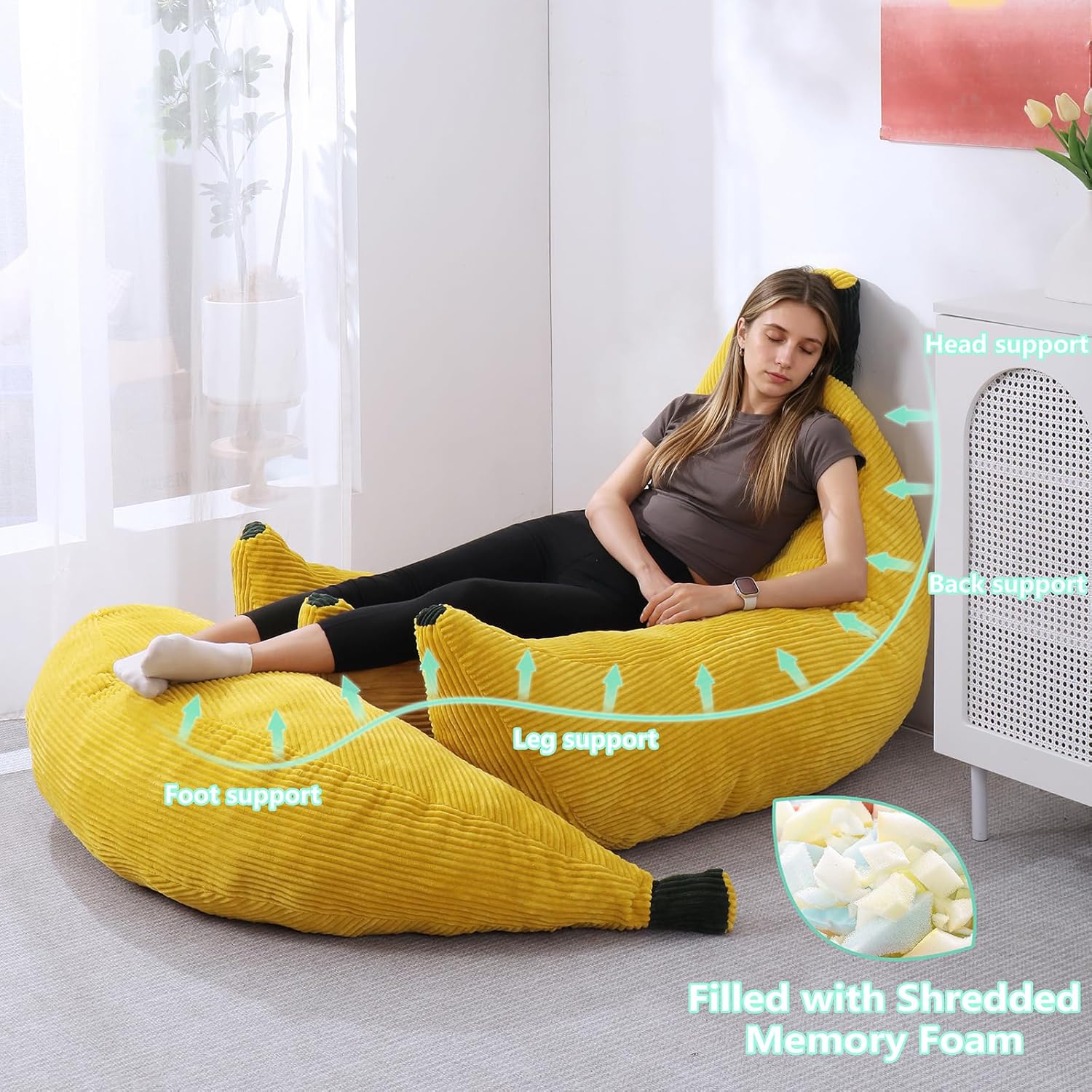 Banana Chaise Lounge Sofa Chair for Living Room, Bean Bag Chair with Ottoman, Floor Sofa Bed with Footrest, Comfy Convertible Lounger, Plush Couch for Bedroom, Dorm (Yellow, King)