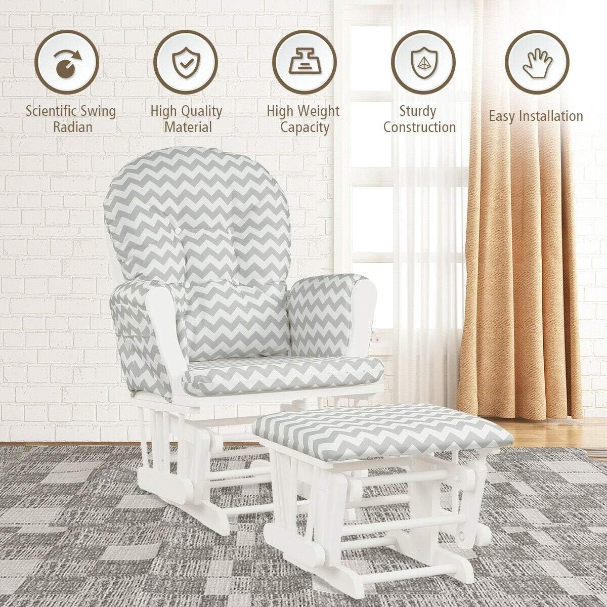 Nursery Rocking Chairs Nursery Glider Rocking Chair Wood Baby Rocker with Ottoman Cushion Upholstered Nursing Chair with Padded Arms (Stripe)