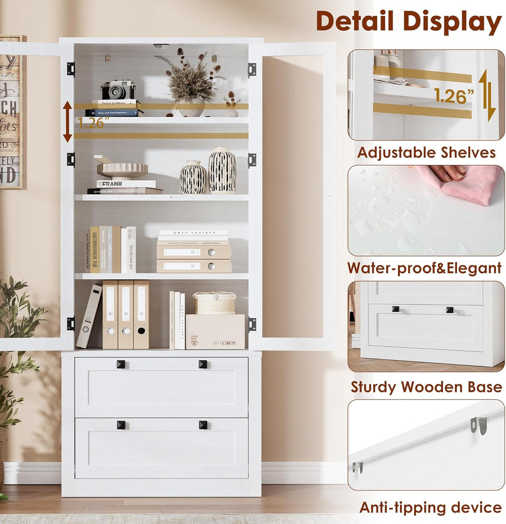 71" Tall Kitchen Pantry Cabinet - Modern Display Storage Cabinet with 2 Large Drawers, Glass Doors, and Adjustable Shelves, Farmhouse Kitchen Cupboard for Dining Room, Bathroom, Living Room, White