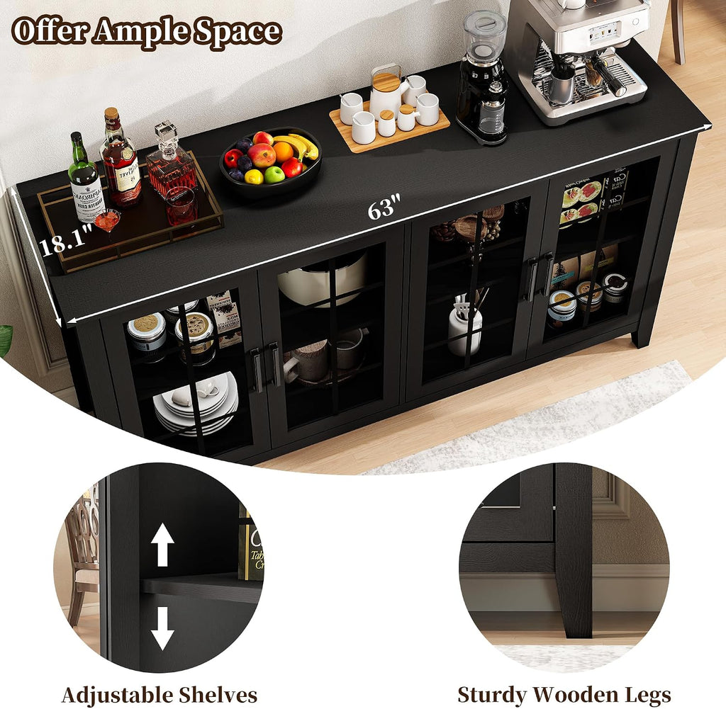 63 Inch Sideboard Buffet Cabinet with 4 Glass Doors, Coffee Wine Bar Storage Cabinet, Modern Buffet Table with Storage for Dining Room, Kitchen, Living Room, Black