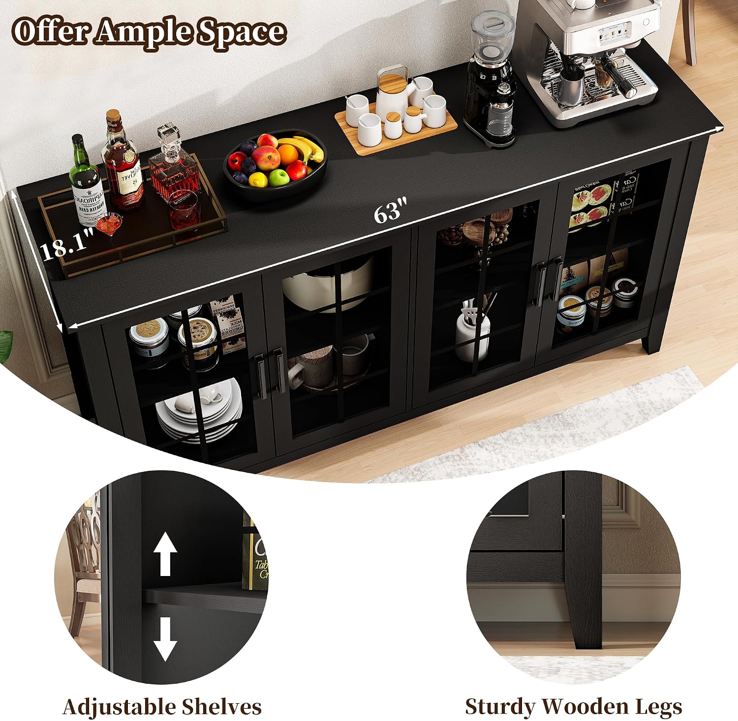 63 Inch Sideboard Buffet Cabinet with 4 Glass Doors, Coffee Wine Bar Storage Cabinet, Modern Buffet Table with Storage for Dining Room, Kitchen, Living Room, Black
