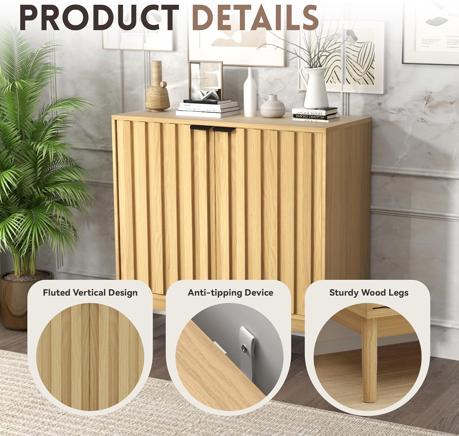 Otterease Fluted Buffet Cabinet with Storage, Wooden Sideboard with Doors & Adjustable Shelves, Modern Accent Cabinet for Kitchen, Living Room, Entryway, Hallway, Natural