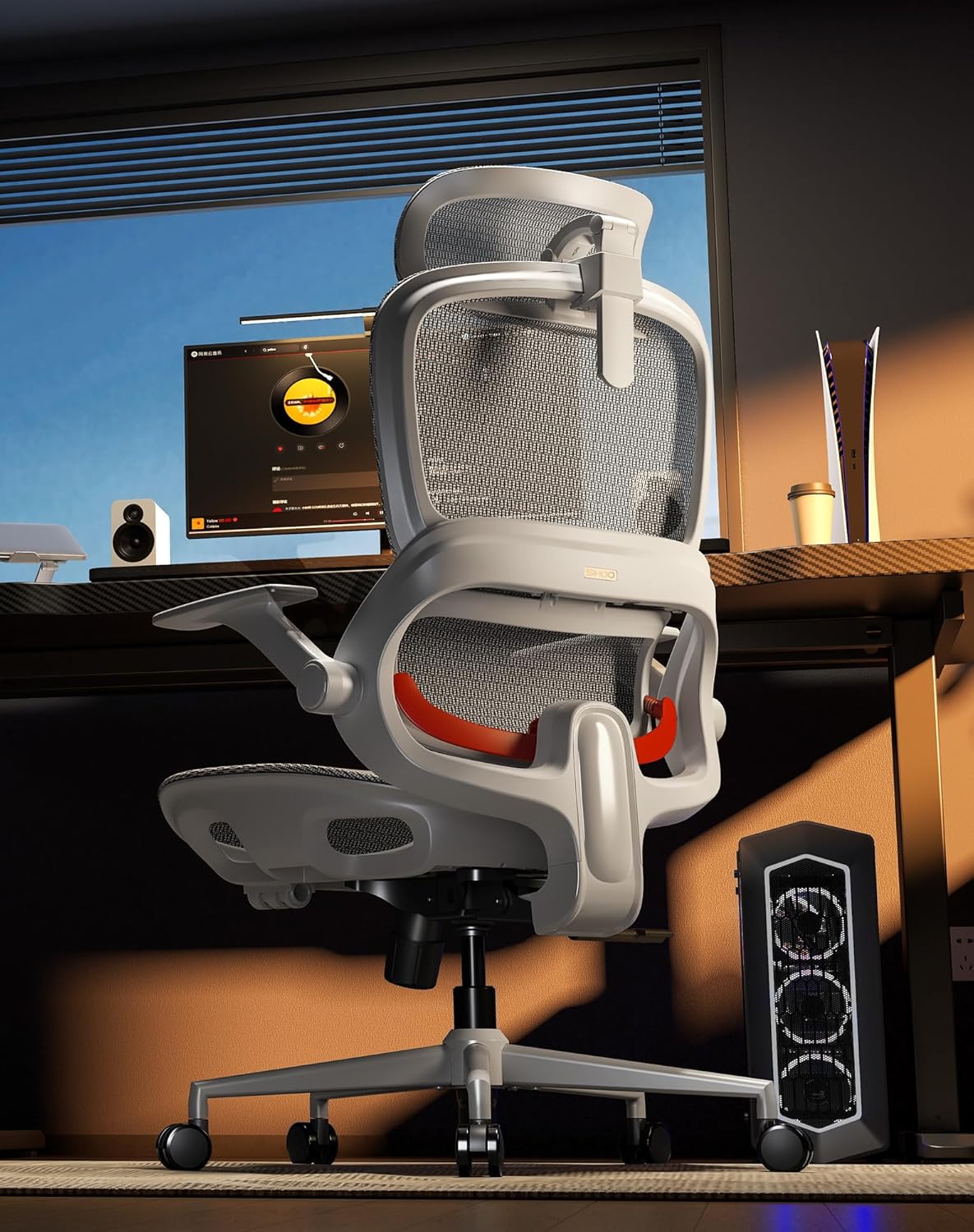 SIHOO B100 Office Chair, Ergonomic Office Chair Without Footrest, Computer Chair with Wide Headrest & Adaptive Lumbar Support, Flip-up Armrests, Swivel Desk Chair for Long Hours, Grey
