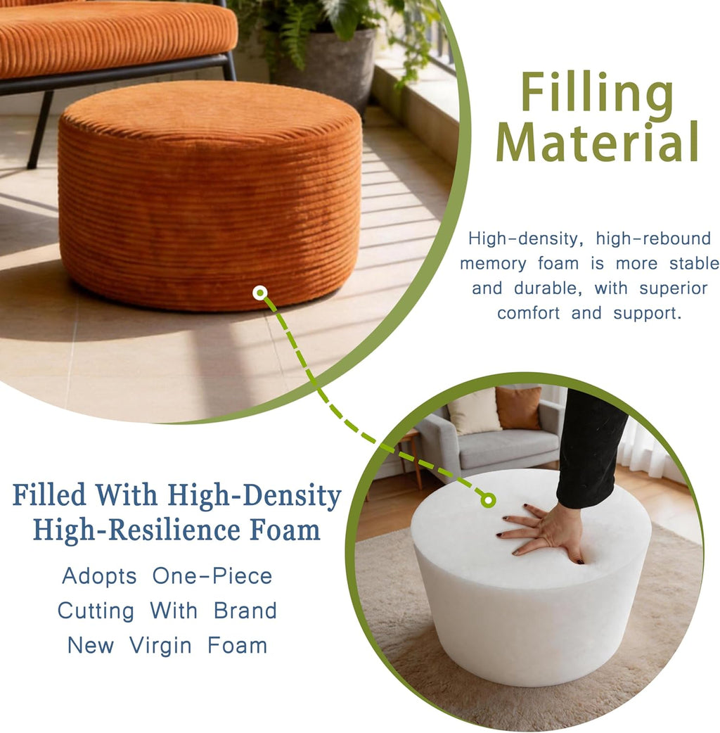 Thgonwid Round Ottoman Pouf, Plush Corduroy Foot Stool with High-Density Memory Foam, 3-in-1 Footrest Extra Seating Side Table for Living Room Bedroom Home Decor, 20 x 14 Inch, Burnt Orange