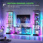 HNEBC Glass Display Cabinet, LED Display Case with RGB Lighting, Lockable Curio Cabinet with Explosion-Proof Glass Doors for Collectibles,5-Tier China Cabint with Motion Sensor Light-Black