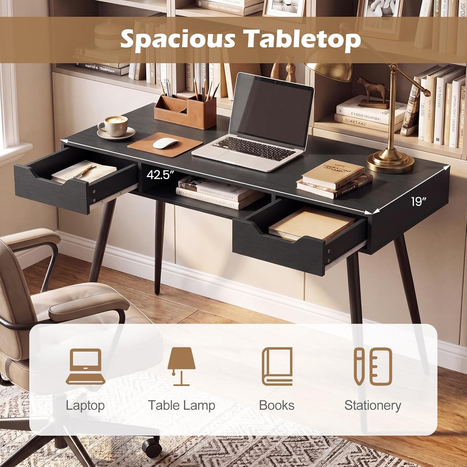 Tangkula Mid Century Modern Computer Desk, Writing Desk with 2 Drawers & Open Center Storage, Small Wooden Study Table for Home Office & Compact Spaces (Black)
