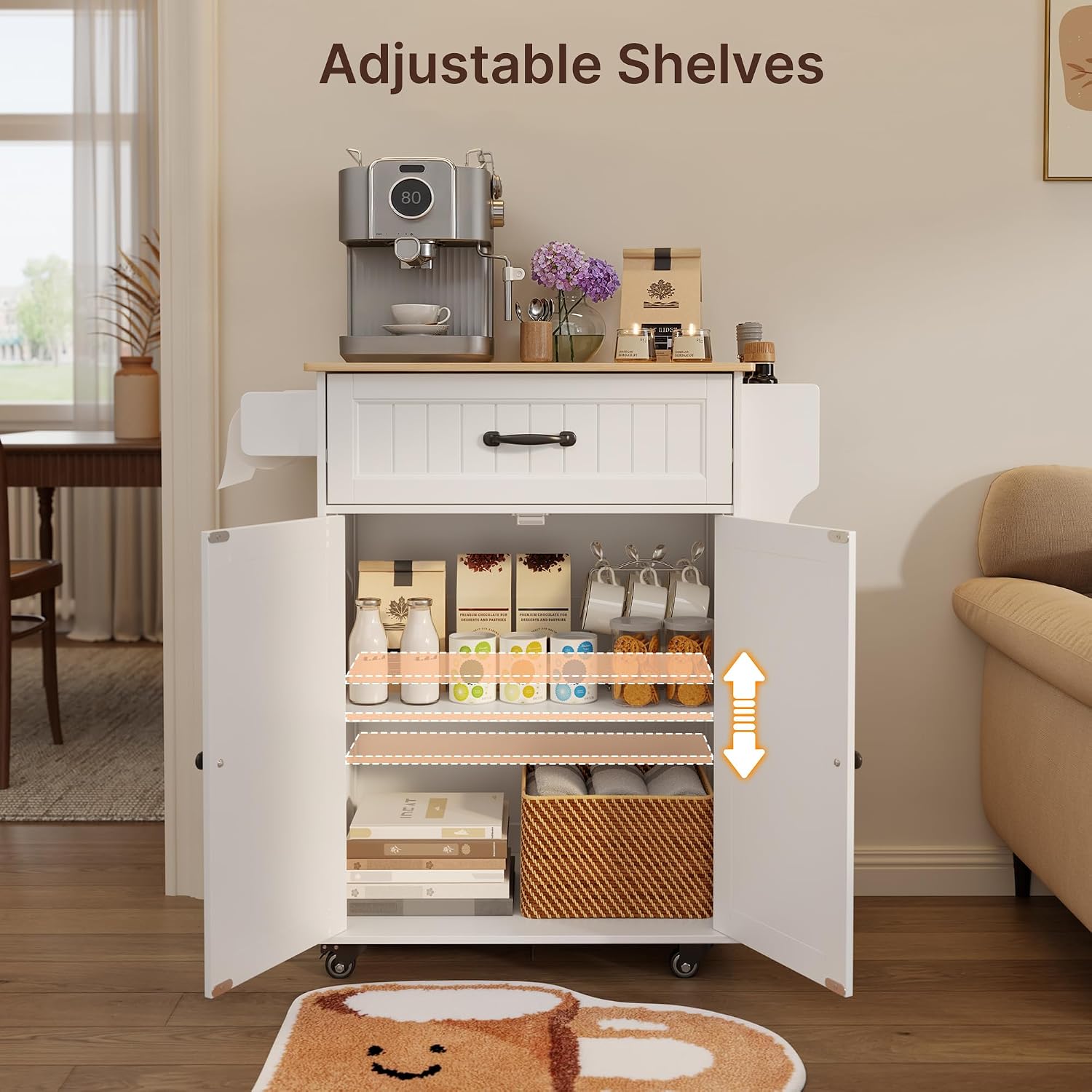 Gizoon Kitchen Island Cart with Adjustable Shelf | Drawer & Storage Cabinet, Spice Rack & Towel Rack, for Dining Room, Bar, White, Tabletop-oak color