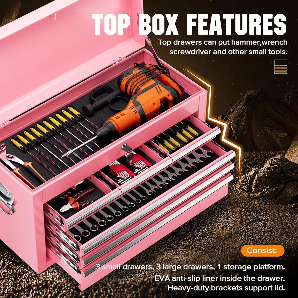 Crownland 8 Drawer Rolling Tool Chest with Wheels, Lockable 2 in 1 Detachable Tool Cabinet wit Drawers and Black Liners, Garage Top Toolbox and Bottom Storage Cart with Side Hooks,Pink