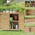 Gizoon Outdoor Potting Bench with Metal Tabletop, Outdoor Garden Patio Wooden Storage Cabinet with Adjustable Shelf, Double Doors Garden Work Bench for Backyard, Patio, Lawn - Natural