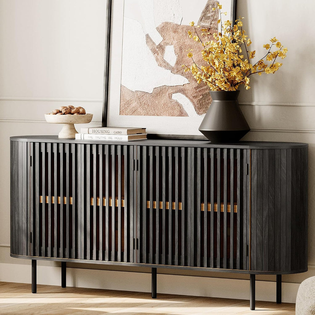 WAMPAT Fluted Sideboard Buffet Cabinet, 65" Mid Century Modern Credenza Storage Cabinet with 4 Pop-Up Doors, Wood Accent Kitchen Buffet Table for Dining Room,Living Room, Entryway, Black