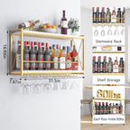 Dokser Wine Rack Wall Mounted Shelf - 2 Tier, Rustic Wood & Industrial Iron Frame Wine Bottle Holder for Kitchen, Dining Room, Home Bar Decor (Gold)