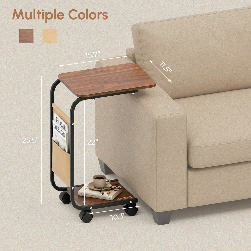 ALYUKMO End Table for Couch with Large Tabletop,Height Side Rounded Metal Corners Table with Wheel,C Shaped End Small End Table for Small Spaces, Living Room,Laptop