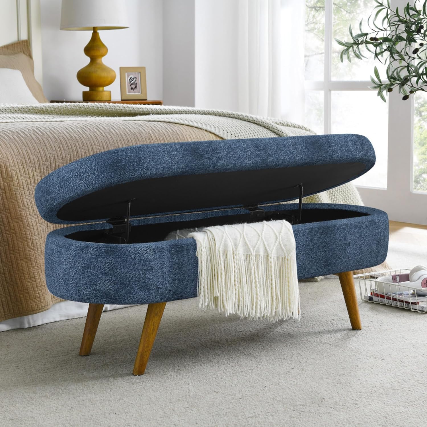 Oval Storage Ottoman Bench, Linen Upholstered Hidden Storage Footstool, Multi-Functional End of Bed Bench for Entryway Living Room Bedroom, Modern Home Decor Furniture (Dark Blue)