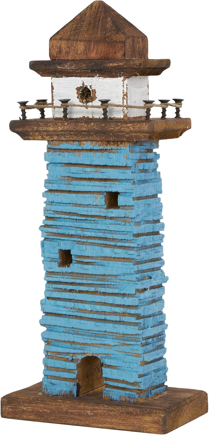 Deco 79 Wood Light House Decorative Sculpture Distressed Home Decor Statues with Blue and Brown Accents, Set of 2 Accent Figurines 5" W, 10" H, Red