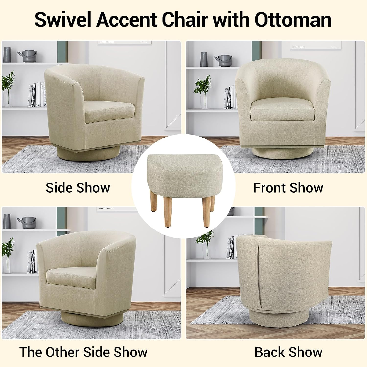 DAZONE Beige Swivel Accent Chair with Ottoman, Comfy Barrel Armchair for Small Spaces, 360° Modern Fabric Lounge Chair for Living Room, Bedroom, Reading Nook, Home Office