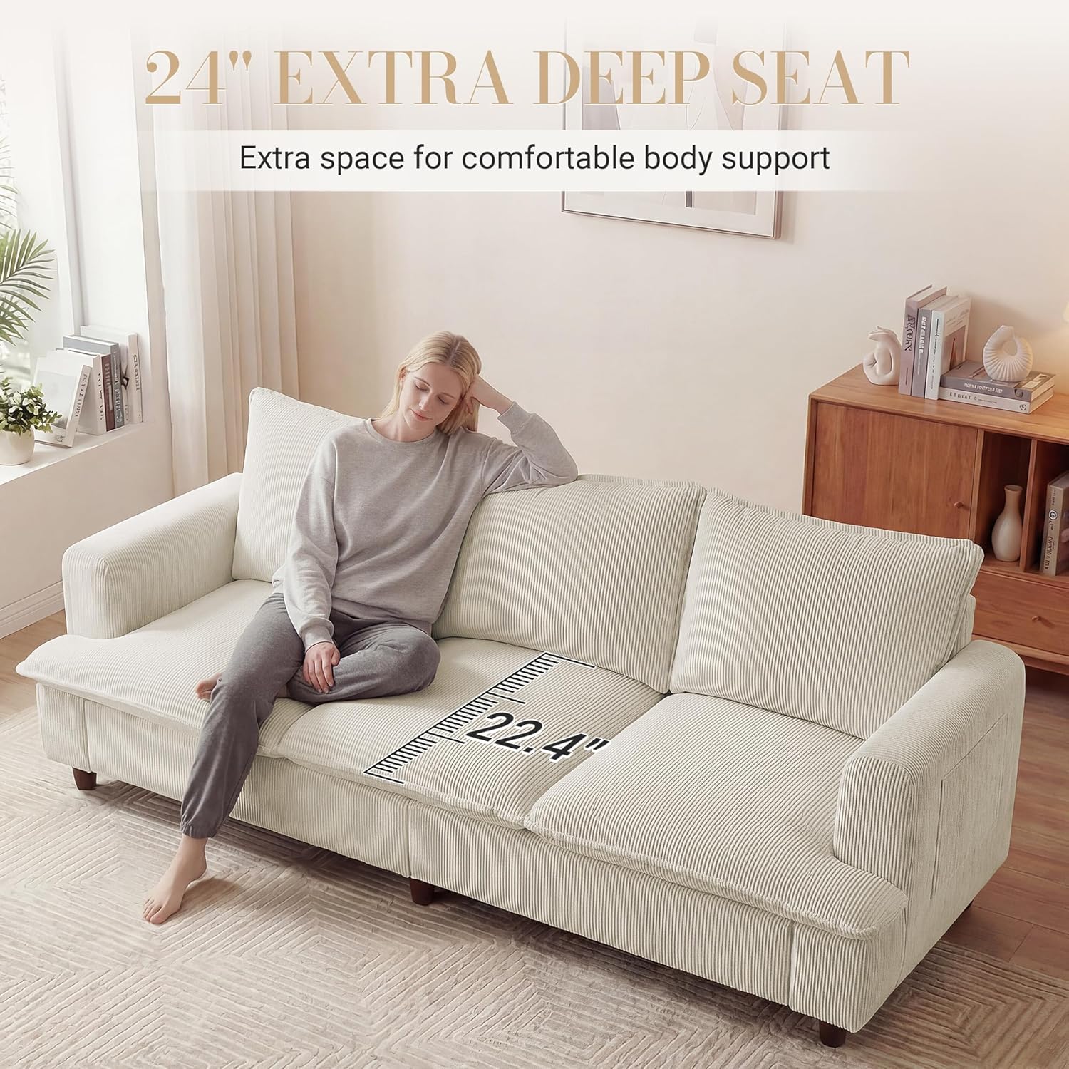 GRUSIGN 3 Seater Couch, 83" Comfy Corduroy Sofa with Deep Seat, Modern Sofa Couch for Living Room, Office, Bedroom, Apartment (Pillows not Included)